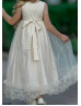 Champagne Lace Tulle Ankle Length Boho Flower Girl Dress